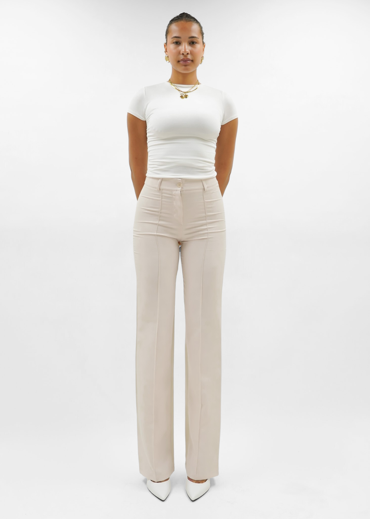 Straight leg pants met pressfold crème (tall)