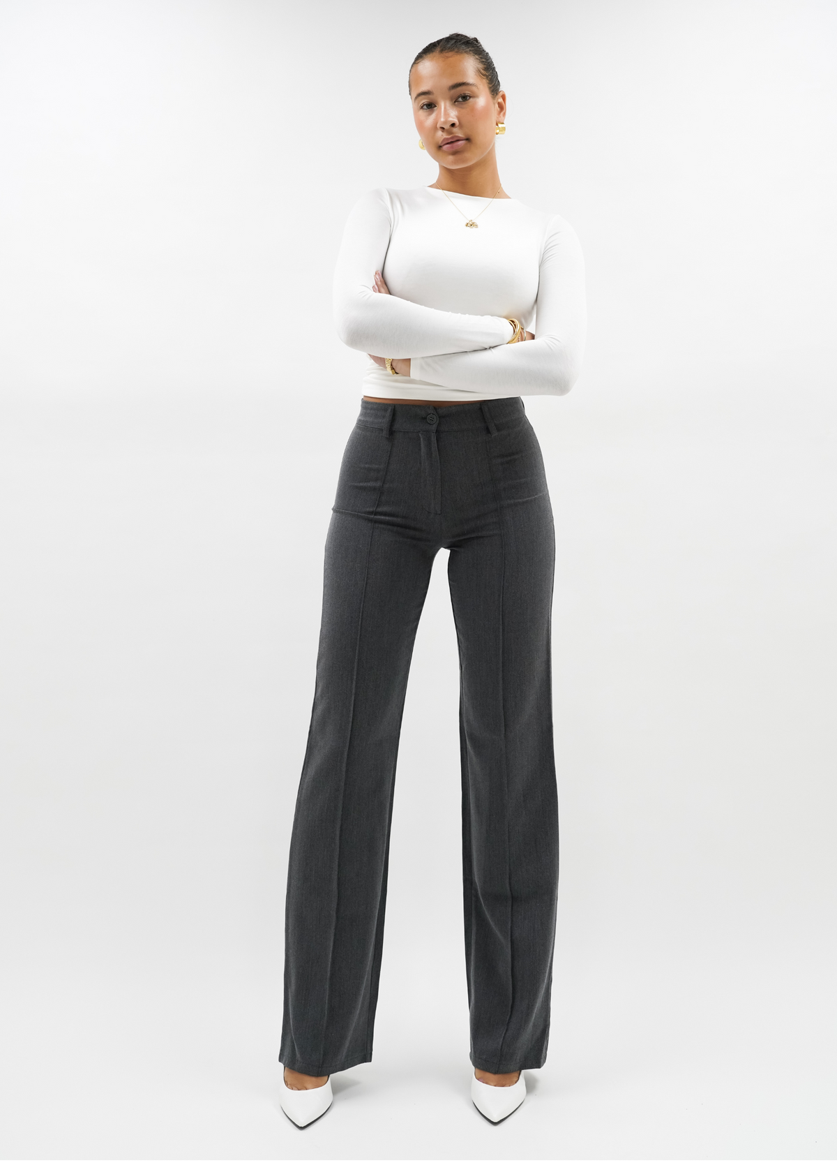 Straight leg pants met pressfold dark washed grey (tall)