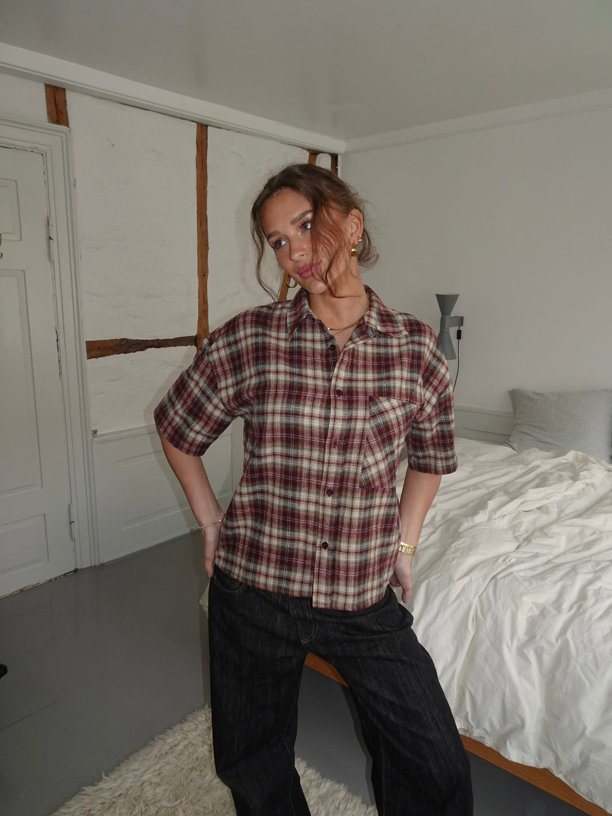 Ryder flannel shirt with short sleeves - Red/brown/white